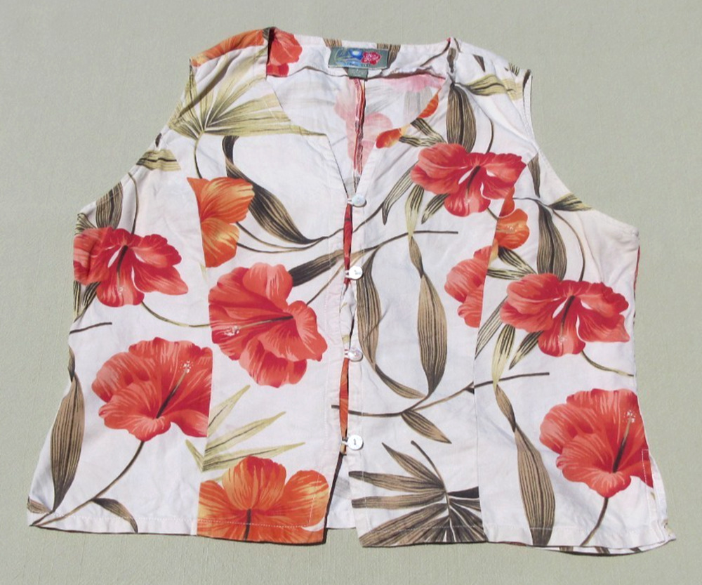 HILO HATTIE Womens Large 100% Silk Orchid Floral White Sleeveless Tank Top Shirt